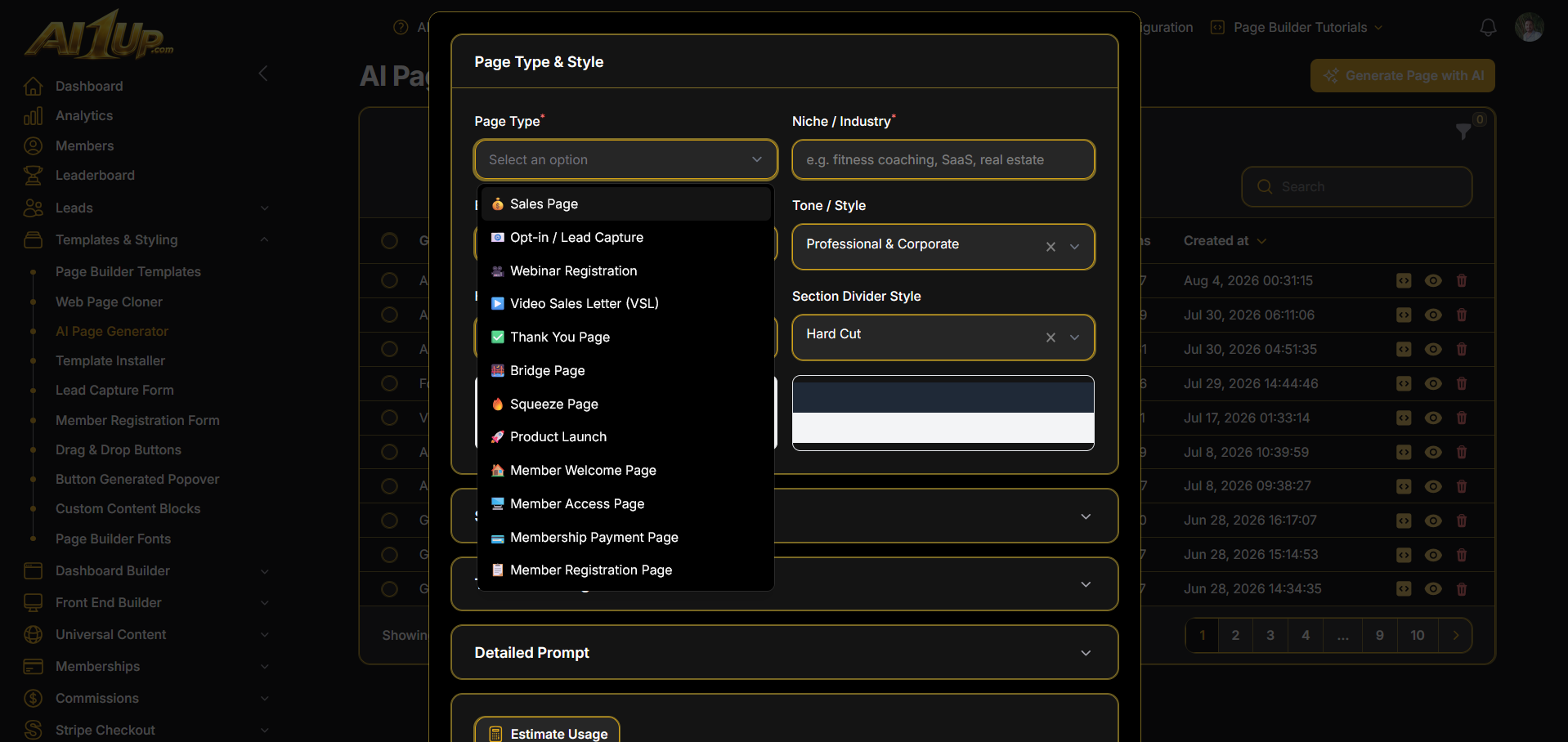 AI generated landing page inside the AI1Up builder
